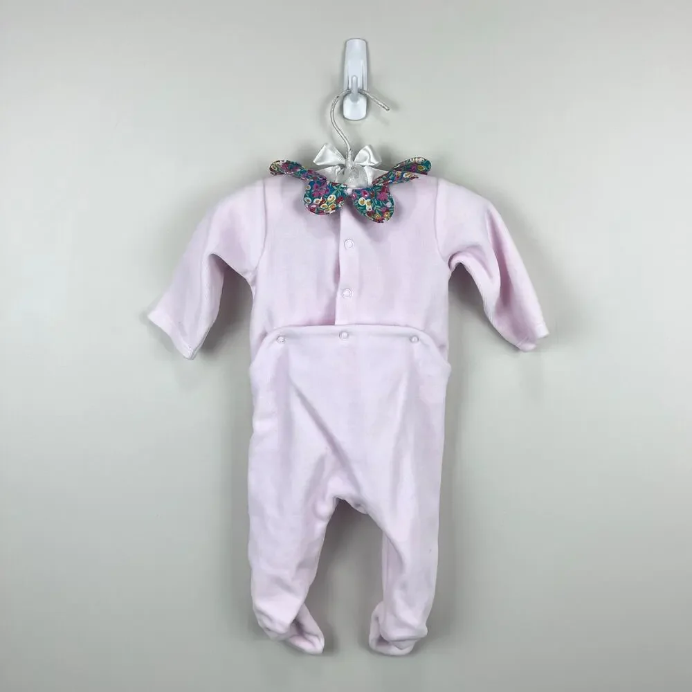 Jacadi Paris Pink Velour Floral Petal Collar Footie Coverall 3 Months